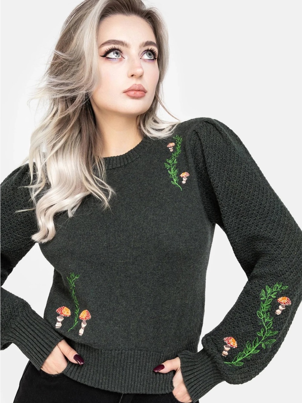 Embroidered Puff-Sleeve Crewneck Sweater - Dark Green